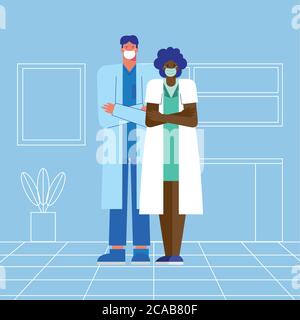 Professionelle Ärzte Paar trägt medizinische Masken Vektor Illustration Design Stock Vektor