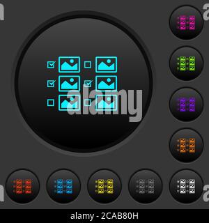 Auswahl mehrerer Bilder mit Kontrollkästchen dunkle Drucktasten mit lebendigen Farbsymbolen auf dunkelgrauem Hintergrund Stock Vektor
