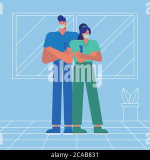 Professionelle Ärzte Paar trägt medizinische Masken Vektor Illustration Design Stock Vektor