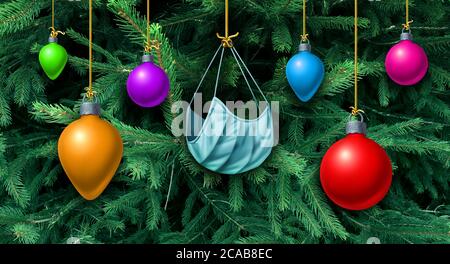 Weihnachtsbaum mit Gesichtsmaske als Feiertagsschmuck oder festliche Winterdekoration als Medizin- und Gesundheitskonzept als neue Normalität für Medizin. Stockfoto