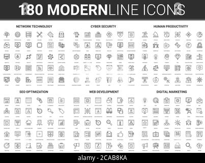 Vektorgrafik für Netzwerkentwicklungstechnologie. Flach dünne Linie moderne abstrakte Icon-Set von Cyber-Datenschutz, Entwicklung der menschlichen Produktivität, Social Marketing, seo-Optimierung Konzept Symbole Stock Vektor