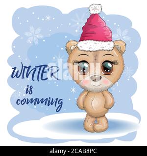 Niedlichen Cartoon-Bär mit großen Augen in einem Weihnachtshut, die Inschrift Winter kommt, Grußkarte, Neujahr Stock Vektor