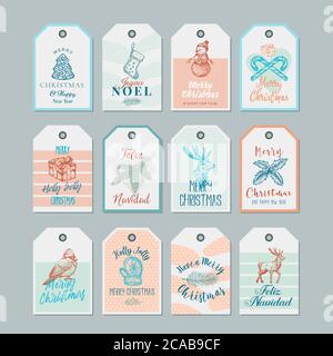 Gebrauchsfertige Weihnachts- und Neujahrsgeschenk-Tags oder Etiketten-Vorlagen-Set. Handgezeichnete Weihnachtsskizzen mit Retro Typografie und sanften Pastellfarben. Stock Vektor