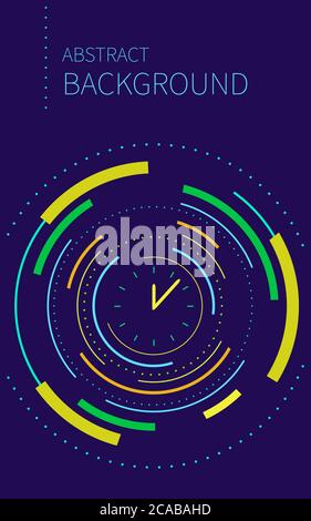 Moderne Design abstrakte Uhr. Abstrakter Hintergrund mit farbiger Kreislinie auf dunkel. Hintergrund im futuristischen Stil. vektor-Illustration. Stock Vektor