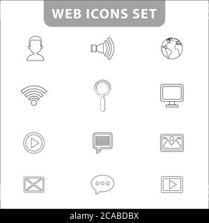 Symbol für Web und Kontakt festgelegt. Vektorsymbole für Web und Handy, WiFi-Symbol, man-Symbol, Welt, Suche, Monitor, Mail, Play-Taste, Konversationssymbol, Stock Vektor