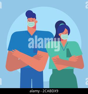 Professionelle Ärzte Paar trägt medizinische Masken Vektor Illustration Design Stock Vektor