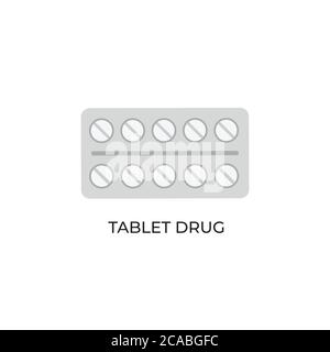 Drug Vector Icon, Flat Design Illustration von Tablette Paket, Medizinische Apotheke Verpackung für Medikamente, Antibiotika, Vitamine oder Aspirin Tabletten. Stock Vektor