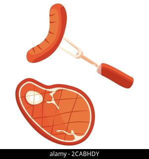 Gebratene Wurst und Steak auf weißem Hintergrund isoliert. Grillfleisch für Einladung oder Geschenkkarte, Notizbuch, Grill Bar Logo, Sammelalbum. Telefontasche oder Gerinnsel Stock Vektor