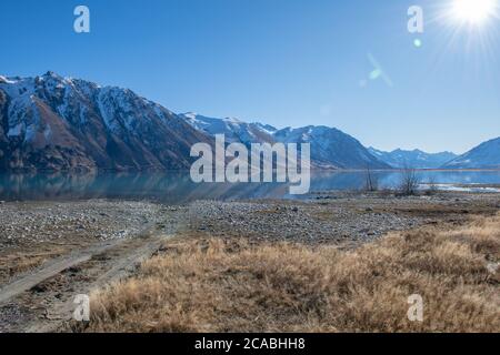 Lake Tekapo - Braemar Station und Mündung des Godley River Stockfoto