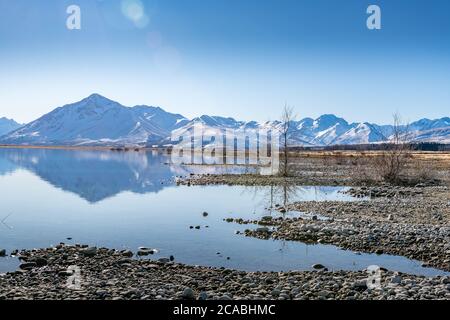 Lake Tekapo - Braemar Station und Mündung des Godley River Stockfoto