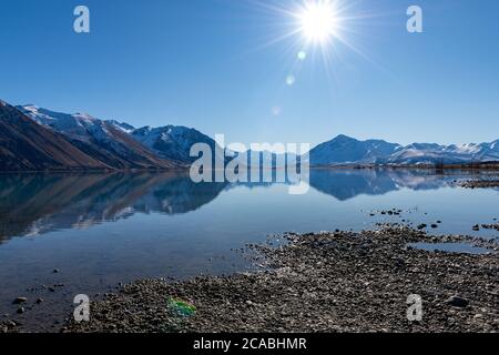 Lake Tekapo - Braemar Station und Mündung des Godley River Stockfoto