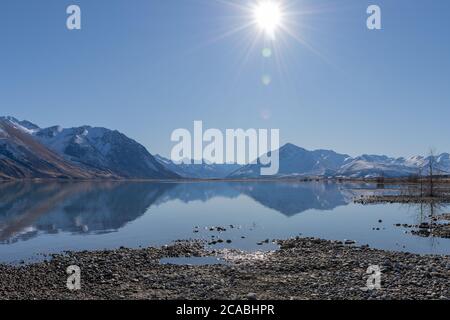 Lake Tekapo - Braemar Station und Mündung des Godley River Stockfoto