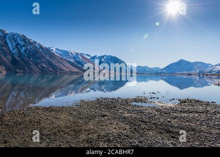 Lake Tekapo - Braemar Station und Mündung des Godley River Stockfoto