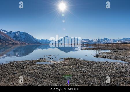 Lake Tekapo - Braemar Station und Mündung des Godley River Stockfoto