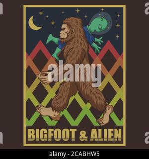 bigfoot & Alien Retro Vektor Illustration für Ihr Unternehmen oder Marke Stock Vektor