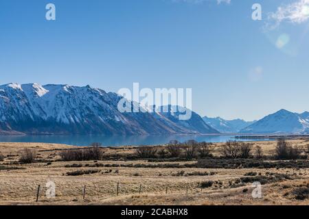 Lake Tekapo - Braemar Station und Mündung des Godley River Stockfoto