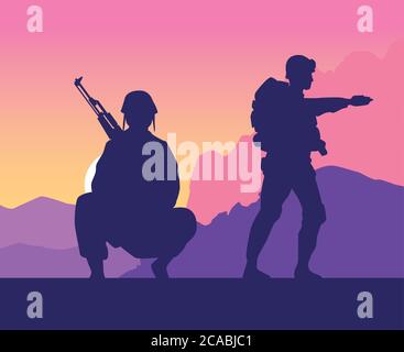 Soldaten Figuren Silhouetten bei Sonnenuntergang Szene Vektor Illustration Design Stock Vektor