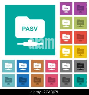 FTP in den passiven Modus wechseln mehrfarbige flache Symbole auf einfachen quadratischen Hintergründen. Weiße und dunklere Symbolvarianten für schwebe- oder aktive Effekte. Stock Vektor