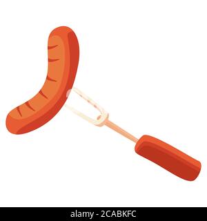Gebratene Wurst auf einer Gabel auf weißem isolierten Hintergrund. Grillfleisch für Einladung oder Geschenkkarte, Notizbuch, Grill Bar Logo, Sammelalbum. Telefontasche oder Gerinnsel Stock Vektor