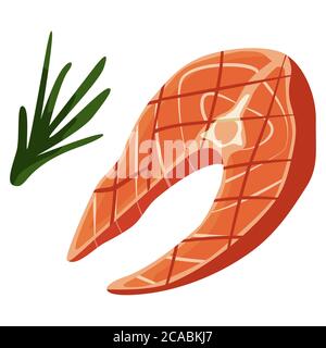Lachssteak und Rosmarin-Zweig auf weißem isolierten Hintergrund. Grill für Einladung oder Geschenkkarte, Notebook, Grill Bar Logo, Sammelalbum. Telefontasche oder c Stock Vektor