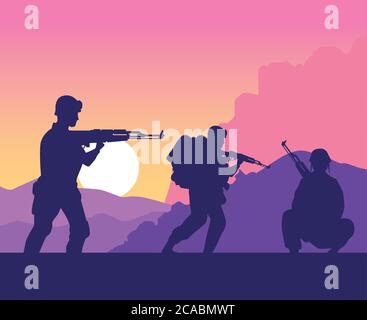 Soldaten Figuren Silhouetten bei Sonnenuntergang Szene Vektor Illustration Design Stock Vektor