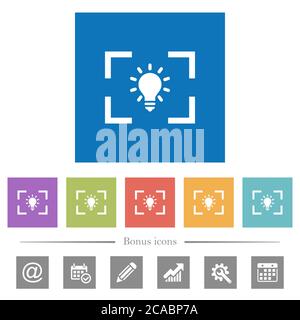 Kamera Weißabgleich Wolfram-Modus flache weiße Symbole in quadratischen Hintergründen. 6 Bonus-Symbole enthalten. Stock Vektor