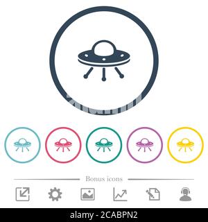 UFO flache Farbsymbole in runden Umrissen. 6 Bonus-Symbole enthalten. Stock Vektor