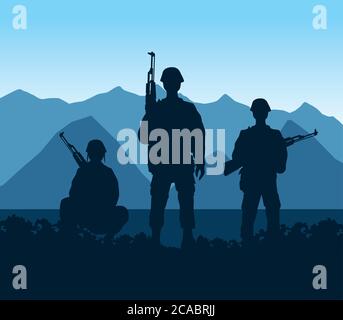 Soldaten Figuren Silhouetten in der Camp Szene Vektor Illustration Design Stock Vektor