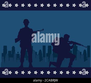 Soldaten Figuren Silhouetten in Stadtbild Szene Vektor Illustration Design Stock Vektor