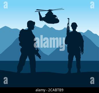 Soldaten und Hubschrauber Figuren Silhouetten in der Camp Szene Vektor Illustration Design Stock Vektor