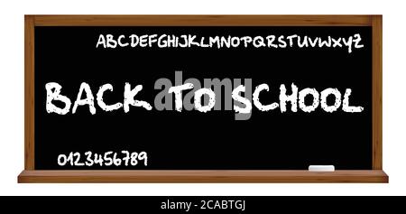 Hand geschrieben mit Kreide zurück zur Schulbotschaft auf Tafel mit dem englischen Alphabet und Zahlen isoliert auf weißem Hintergrund Stock Vektor