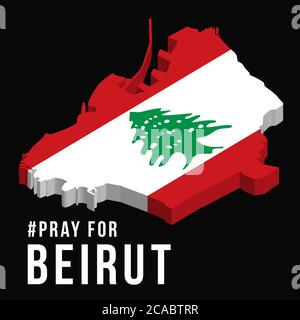 Beten für Beirut Vektor-Illustration mit Beirut Karte auf schwarzem Hintergrund Konzept des Betens, Trauer, Menschlichkeit für Beirut Libanon massive Explosion Stock Vektor