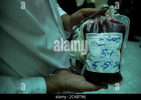 5. August 2020: Gaza, Palästina. 05. August 2020. Die Gemeinde Khan Yunis im südlichen Gazastreifen organisiert nach der tödlichen Explosion in Beirut am Dienstag eine Mahnwache in Solidarität mit den Libanesen. Viele Palästinenser spendeten Blut, um in Krankenhäuser mit Verwundeten in der libanesischen Hauptstadt geschickt zu werden. Am Dienstag explodierte in Beirut in der Nähe des Hafens ein Lager, bei dem mehr als 100 Menschen getötet und fast 4,000 verletzt wurden.Quelle: Ahmad Hasaballah/IMAGESLIVE/ZUMA Wire/Alamy Live News Stockfoto