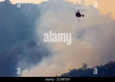 Feuerbekämpfung Hubschrauber Fallenlassen Wasser auf Waldbrand Stockfoto