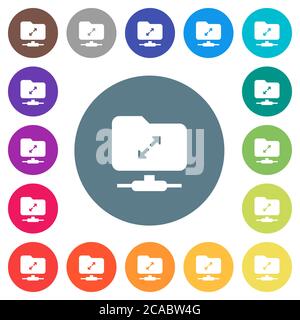 FTP dekomprimieren flache weiße Symbole auf runden farbigen Hintergründen. 17 Hintergrundfarbvarianten sind enthalten. Stock Vektor