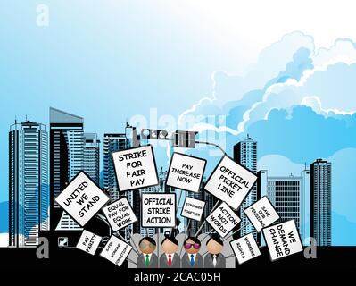 Streikende Arbeiter marschieren durch eine generische Stadt und demonstrieren mit ihren Beschwerden und Forderungen auf Plakaten Stock Vektor