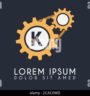 Double Gear Logo Mit Schwarzem Hintergrund. Gear Logo mit Buchstabe K in der Mitte Stock Vektor