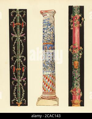 Dekorative Kerzenleuchter im vierten Pompeji-Stil (1,3) und Säule aus Emaille-Mosaik (2), Pompeji. Im Museum von Neapel. Candelabres decoratifs du quatrieme style, Colonne de mosaique d’email, Musee de Naples. Handkolorierte pochorisch (Schablone) Lithographie von Pierre Guzman aus seinem eigenen Decoration murale a Pompei, (Wanddekoration in Pompeji), Editions Albert Morance), Paris, 1924. Stockfoto