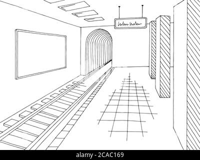 U-Bahn-Station Plattform Grafik schwarz weiß Innenraum Skizze Illustration Vektor Stock Vektor