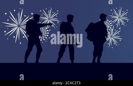 Soldaten Figuren Silhouetten und Feuerwerk Szene Vektor Illustration Design Stock Vektor