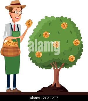 Geschäftsmann mit Gärtner Aprom und Hut Ernte Münzen Vektor Illustration Design Stock Vektor