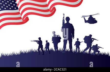 Soldaten und Hubschrauber Figuren Silhouetten in usa Flagge Hintergrund Vektor Illustration Design Stock Vektor