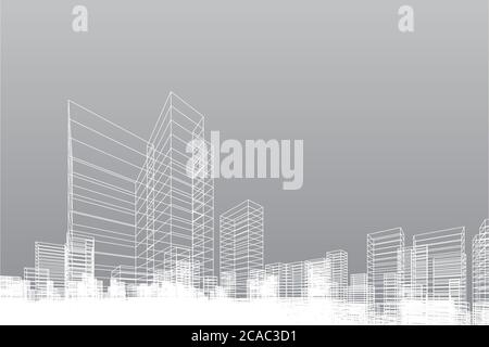 Abstrakter Drahtmodell Stadthintergrund. Perspektivische 3D-Darstellung des Drahtgaufbaus. Vektorgrafik. Stock Vektor
