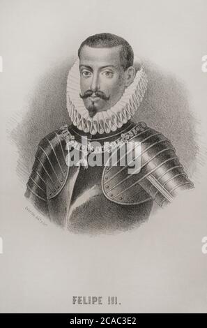 Philipp III. (1578-1621). König von Spanien (1598-1621) und auch, wie Philipp II, König von Portugal, Neapel, Sizilien und Sardinien. Porträt, 19. Jahrhundert. Illustration von Cebrian. Lithographie. Cronica General de España. Historia Ilustrada y Descriptiva de sus Provincias. Valencia, 1867. Stockfoto