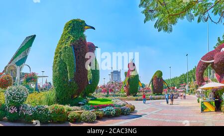DUBAI, VAE - 5. MÄRZ 2020: Panorama des Miracle Garden mit großen Installationen von Pinguinen, bedeckt mit lebenden Pflanzen und umgeben von Sonnenblumen, p Stockfoto