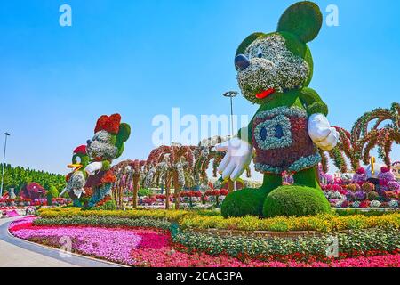 DUBAI, VAE - 5. MÄRZ 2020: Die riesigen Blumeninstallationen von Mickey und Minnie Maus und anderen Walt Disney-Zeichentrickfiguren im Miracle Garden, auf M Stockfoto