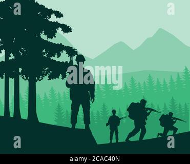 Soldaten Figuren Silhouetten in den Dschungel Szene Vektor Illustration Design Stock Vektor