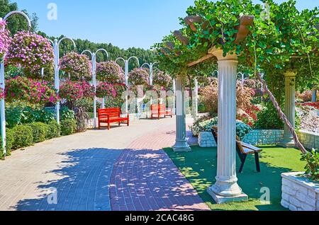 DUBAI, VAE - 5. MÄRZ 2020: Spazieren Sie am 5. März in Dubai durch die Gasse des Miracle Garden, reich mit bunten Petunien geschmückt, die an den Stangen hängen Stockfoto