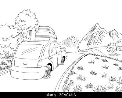 Auto Reise Straße Grafik schwarz weiß Landschaft Skizze Illustration Vektor Stock Vektor