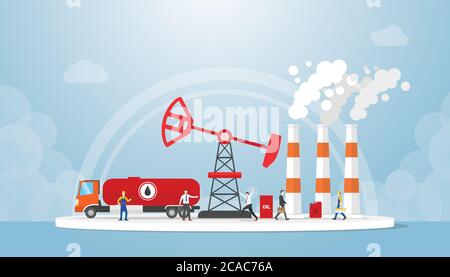 Öl- und Gaskonzept mit LKW-Tanker und Ölraffinerie-Industrie mit Menschen um Stock Vektor